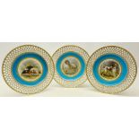 Set of three late Victorian Minton cabinet plates hand painted with Dog after Edwin Landseer,