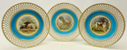 Set of three late Victorian Minton cabinet plates hand painted with Dog after Edwin Landseer,