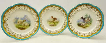 Pair late Victorian Minton shaped dessert plates hand painted with sheep and goats in a mountainous