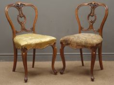 Pair Victorian walnut bedroom chairs, pierced and carved backs, upholstered serpentine seats,
