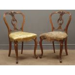 Pair Victorian walnut bedroom chairs, pierced and carved backs, upholstered serpentine seats,