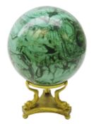 Large polished Malachite sphere approx 13cm on gilt bronze openwork support in the form of three
