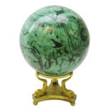 Large polished Malachite sphere approx 13cm on gilt bronze openwork support in the form of three