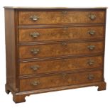 Craftsman made quality reproduction inlaid figured walnut chest, five long drawers, bracket feet,