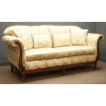 'Medallion Mendelssohn' three seat settee, upholstered in gold raised floral pattern fabric,