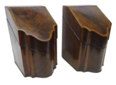 Pair George III figured mahogany knife boxes, each with hinged sloping lid,