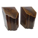 Pair George III figured mahogany knife boxes, each with hinged sloping lid,