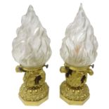 Pair of French Ormolu table lamps, the stem cast with beaded and writhen acanthus leaves,