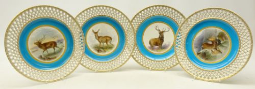 Set of four late Victorian Minton cabinet plate hand painted with stags after Edwin Landseer,