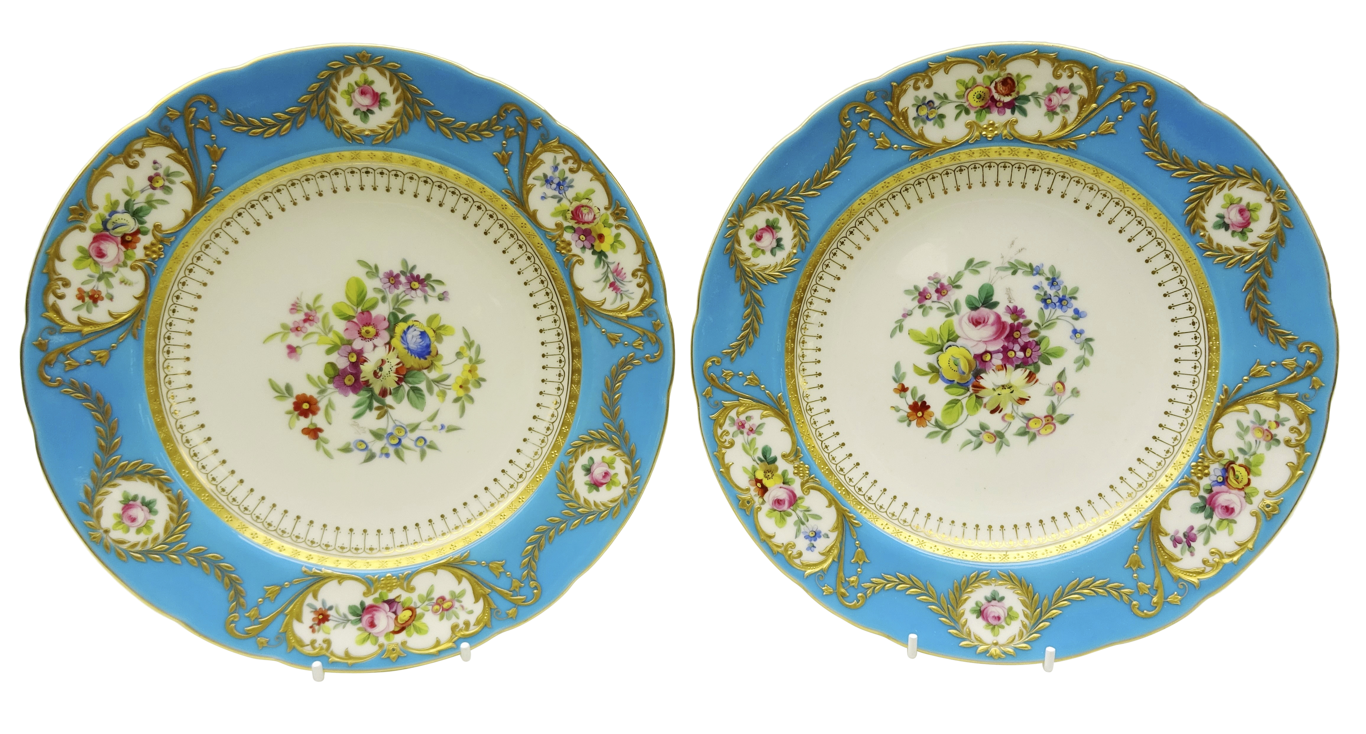 Pair early 20th century Minton plates hand painted with floral sprays by M.