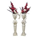 Pair classical urns on fluted columns, ivory and gold finish,