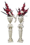 Pair classical urns on fluted columns, ivory and gold finish,