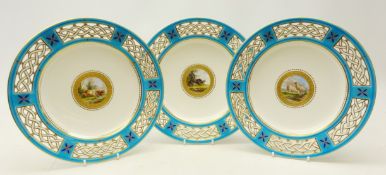Set of three late Victorian Minton cabinet plates hand painted with cattle and sheep by Henry