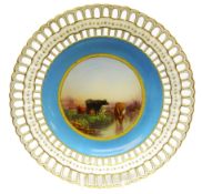 Late Victorian Minton reticulated cabinet plate hand painted cattle drinking from a river titled