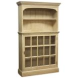 Pine bookcase display cabinet, projecting cornice with dentil frieze,