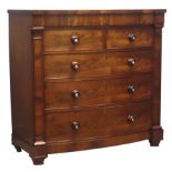 Victorian figured mahogany bow front chest, a frieze, two short and three drawers,