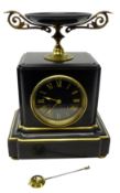 19th century French black slate mantel clock, dial with black Roman numerals indistinctly inscribed,
