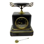 19th century French black slate mantel clock, dial with black Roman numerals indistinctly inscribed,