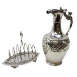 Silver-plated claret jug, the body decorated with two mythical winged creatures,