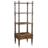 Victorian mahogany whatnot, four square tiers on turned supports with ball finials,