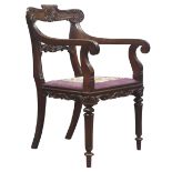 19th century Anglo-Indian padouk wood armchair, cresting rail carved with scroll and fan,