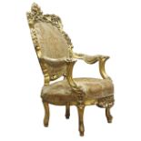 Large French Rococo style giltwood open armchair,