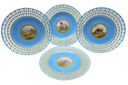 Set of four late Victorian reticulated cabinet plates hand painted with sheep and cattle in a