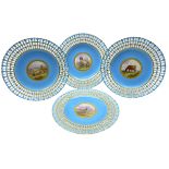 Set of four late Victorian reticulated cabinet plates hand painted with sheep and cattle in a