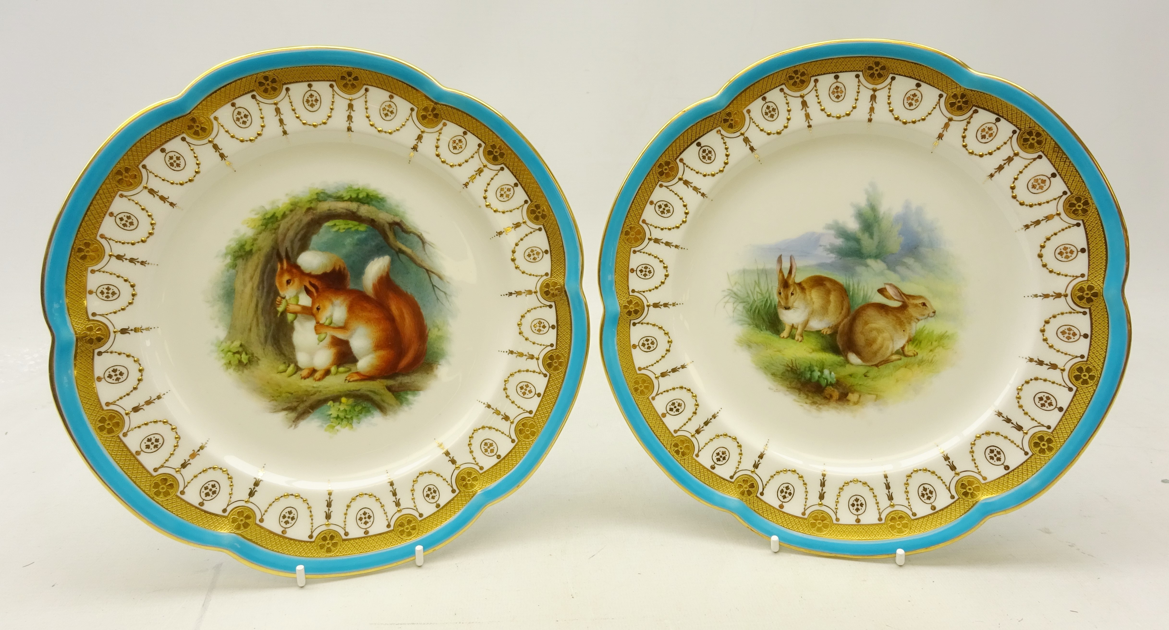 Pair late Victorian Minton shaped dessert plates hand painted with squirrels and rabbits after