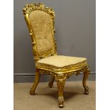 19th century carved gilt wood salon chair, shaped back with scroll work detail, serpentine seat,