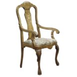 Dutch Marquetry walnut elbow chair, arched top rail,