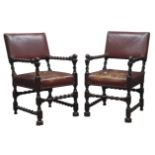 Pair early 20th century armchairs, leather upholstered back and seats,