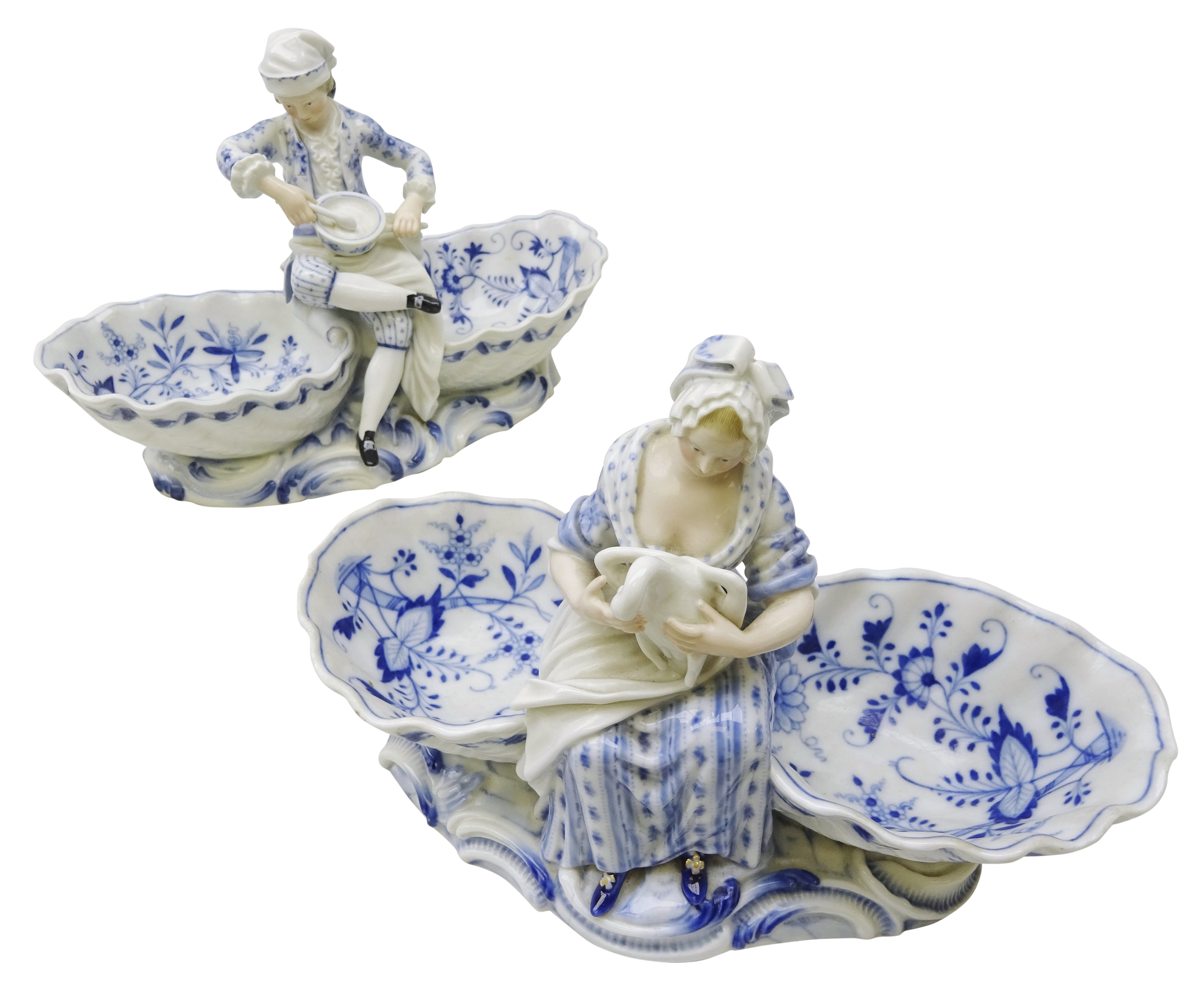 Pair of Dresden blue & white porcelain double salts,