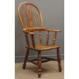 19th century elm broad arm Windsor chair, shaped and pierced splat and stick back, dished seat,