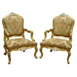 Pair French style giltwood open armchairs,