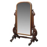 Victorian mahogany Cheval mirror, arched swing plate on acanthus scroll carved supports,