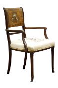 Edwardian brass inlaid mahogany open armchair,