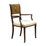 Edwardian brass inlaid mahogany open armchair,