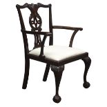 19th century Chippendale style elbow chair, cresting rail carved with scrolled acanthus leaves,