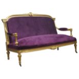 20th century gilt wood framed French style settee, moulded cresting rail carved with cartouche,