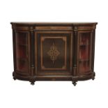 Victorian ebonised and amboyna credenza, central panelled cupboard with scrolled inlays,