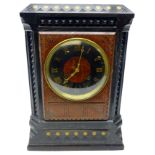 Arts & Crafts black slate and marble mantel clock, rouge marble panel with incised decoration,