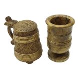 20th century Norwegian Peg Tankard, tapering staved body and lid carved with geometric roundels,