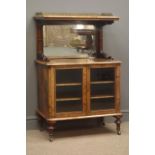 Victorian Burr walnut music cabinet, brass galleried top on scroll supports above a mirror,
