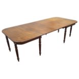 Regency style mahogany sectional dining table, rectangular moulded top with rounded corners,