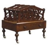 Victorian walnut Canterbury, scrolled fret work dividers, single drawer, turned feet,