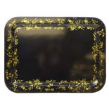 Toleware rectangular tray, decorated in gilt with Japanese style trailing foliage and leafage,