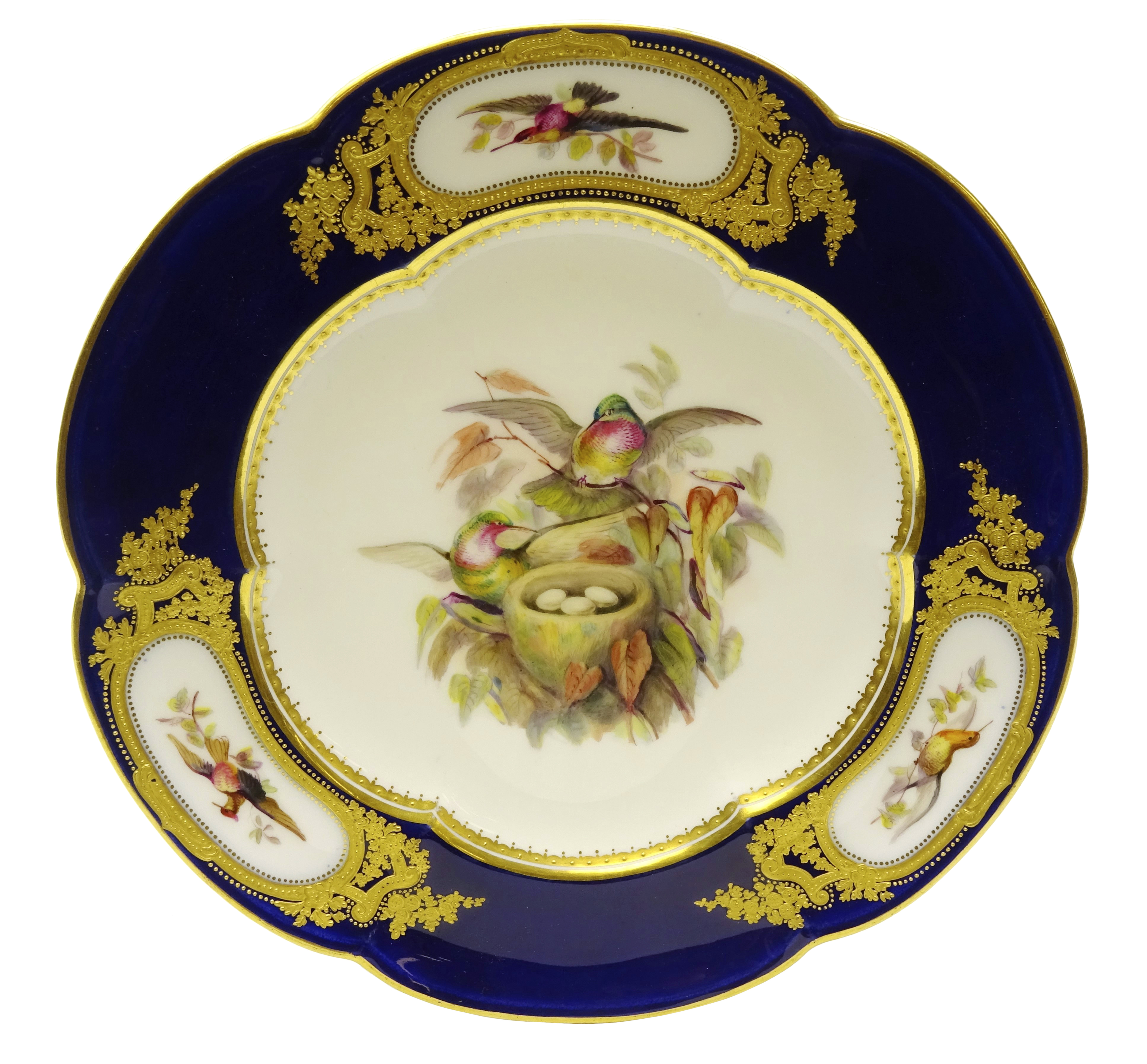 Mid Victorian Coalport shaped dessert plate hand painted with exotic birds guarding their nest,