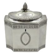 George III silver tea caddy, neo-classical design with bright cut decoration,