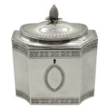 George III silver tea caddy, neo-classical design with bright cut decoration,